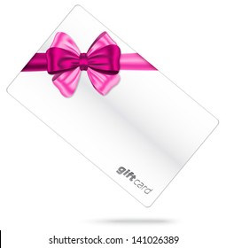 Pink ribbon with nice bow on white gift card. Vector illustration