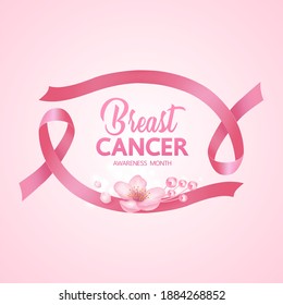   Pink ribbon on pink background of breast cancer awareness vector illustration.                                            