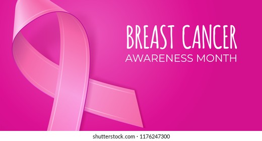 Pink ribbon on pink background with copy space for your text. Breast cancer awareness month typography. Medical symbol in october. Vector illustration for banner, poster, invitation, flyer. EPS10