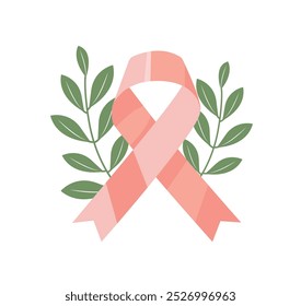 Pink ribbon on a background of green leaves. Breast cancer awareness month vector illustration