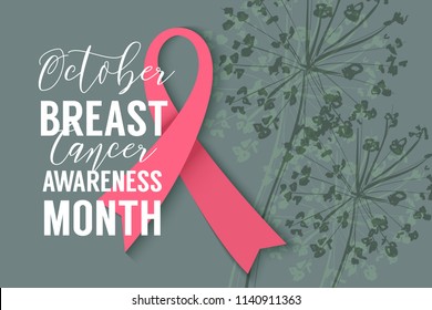 Pink Ribbon On Floral Background. October Breast Cancer Awareness Month Campaign. Vector Design