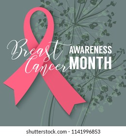 Pink Ribbon on floral background. October Breast Cancer Awareness Month Campaign. Vector design