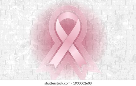 Pink ribbon on grey grunge brick wall abstract vector background