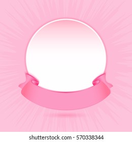 Pink ribbon on Rays background. Design for app, interface, playing card, ui, game, banner. Appraisement. Cartoon Vector illustration