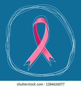 Pink ribbon on turquoise background surrounded by a pencil sketch circle