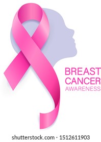 Pink ribbon on woman face. Breast Cancer Awareness Month Campaign. Icon design for poster, banner, t-shirt. Illustration isolated on white background.