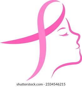 Pink ribbon on woman face icon design. Breast cancer awareness month. Design for poster, banner, t-shirt. Vector illustration.