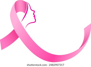 Pink ribbon on woman face icon design. Breast cancer awareness month. Design for poster, banner, t-shirt. Vector illustration.