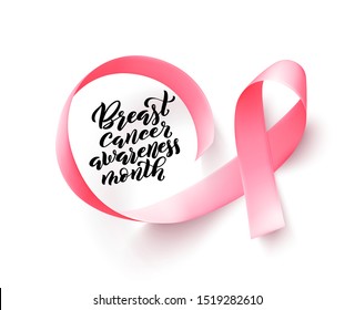 Pink ribbon over white background with shadow. Symbol of world breast canser awareness month in october. Template poster. Vector illustration.