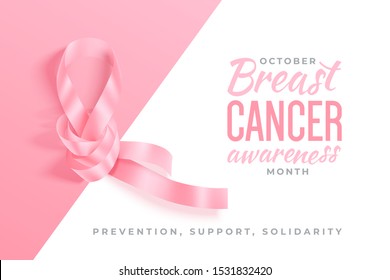 Pink ribbon over white and pink background with shadow. Symbol of world breast cancer awareness month in october. Vector illustration.