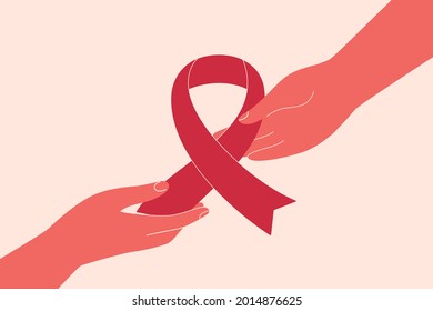 Pink ribbon is passing from hand to hand. Breast cancer awareness concept with human arms holding big pink ribbon. Medical vector illustration. 