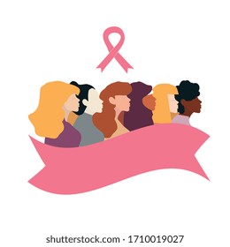 Pink ribbon. Prevention of breast cancer. Women's month. Women of different nationalities, cultures: african, european, asian,  arab.  Struggle for rights, independence, equality. Women's  business.
