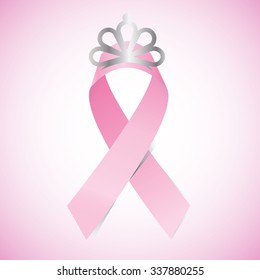 Pink Ribbon With Queen Crown For Brest Cancer Awareness.