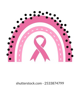 Pink ribbon with rainbow. Pink vector  illustration for breast Cancer awareness month. 