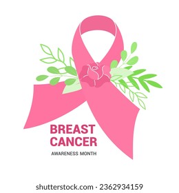 Pink ribbon with rose and green leaves, breast cancer awareness symbol or sign, isolated on white. Icon vector illustration