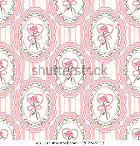 Pink Ribbon Rose Vintage Pattern. Romantic Floral Oval Frame Seamless Vector with striped background