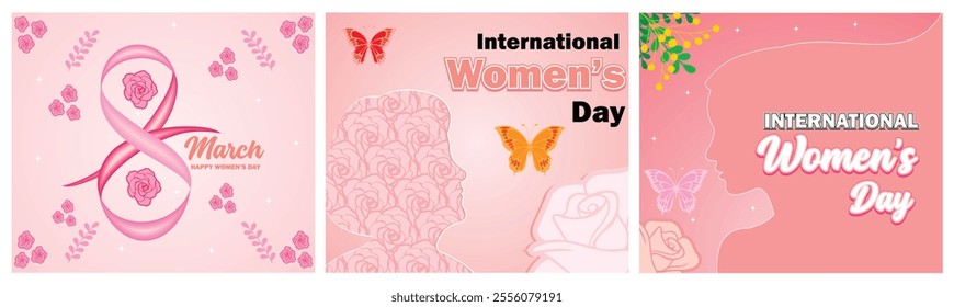 Pink Ribbon and Roses. Celebrating International Women's Day. Flowers and Butterflies. Set flat vector modern illustration  