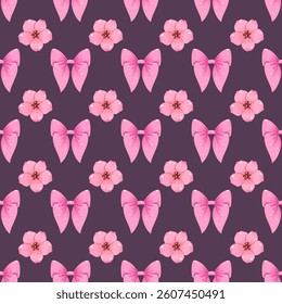 Pink Ribbon and Sakura Flower Seamless Pattern On purple background 