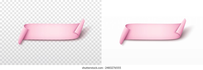 Pink ribbon, scroll or paper curved banner isolated on transparent and white backgrounds. Vector realistic 3D rolled border, empty sticker, label mock up with shadow