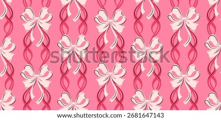 Pink ribbon seamless pattern with white bows and twisting ribbons. Perfect for gift wrap, party decor, textiles, and feminine design. Vibrant, cheerful, and decorative with a playful, festive vibe