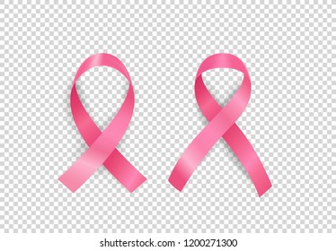 Pink ribbon set on transparent background. Breast cancer awareness month