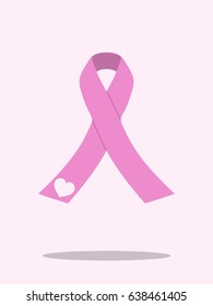 pink ribbon with shadows and heart, breast cancer awareness symbol, isolated on light pink. Vector illustration, eps10.