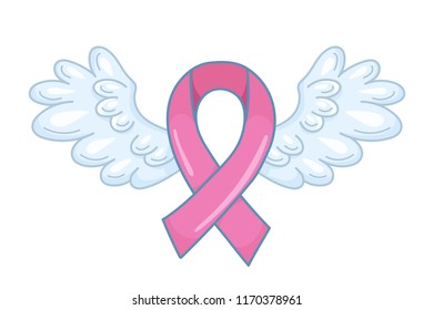 Pink ribbon with spread angel wings as a symbol of hope and support. Breast cancer awareness month illustration. Vector isolated on white