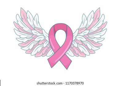 Pink ribbon with spread angel wings as a symbol of hope and support. Breast cancer awareness month illustration. Vector isolated on white