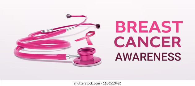 Pink ribbon stethoscope icon breast cancer awareness realistic medical tool isolated horizontal banner copy space flat vector illustration