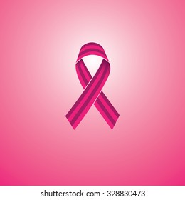 pink ribbon with stripes, breast cancer awareness vector icon isolated on pink background
