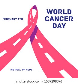 Pink ribbon stylized as the road. World cancer day conceptual illustration. 