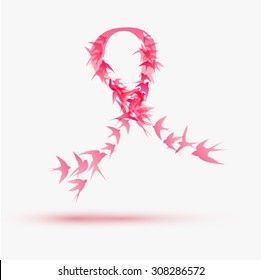 Pink ribbon of swallows birds - breast cancer awareness symbol