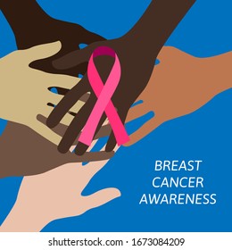 Pink ribbon as a symbol of breast cancer awareness and hands of women from all over the world with copy space. Vector illustration design for health care and medical brochures