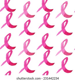 Pink ribbon, symbol of  breast cancer in a watercolor style. Vector. Pattern