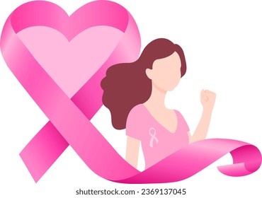 Pink ribbon symbol deisgn in heart shape with a woman. Breast cancer awareness month. Design for poster, banner, t-shirt. Vector illustration.