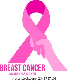 Pink ribbon symbol design with hands. Breast cancer awareness month campaign. Vector illustration.