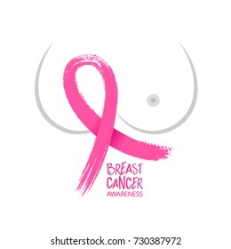 Pink ribbon symbol with graphic of breast. Brush style. Breast Cancer Awareness Month Campaign. Icon design. Illustration isolated on white background.