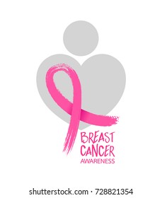 Pink ribbon symbol in graphic of female. Breast Cancer Awareness Month Campaign. Icon design. Illustration isolated on white background.