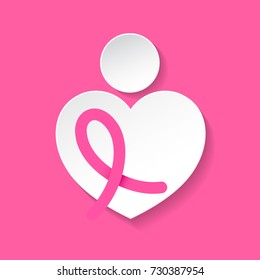 Pink ribbon symbol in graphic of female. Breast Cancer Awareness Month Campaign. Icon design. Illustration isolated on pink background.