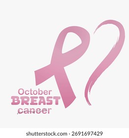 Pink ribbon symbol with half a heart. Breast Cancer Awareness Month. For posters, banners, and t-shirts. Brush-style illustration.