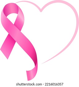 Pink ribbon symbol with heart. Breast Cancer Awareness Month. Icon design. For poster, banner and t-shirt. Vector Illustration.