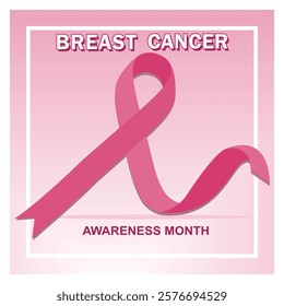 A pink ribbon symbolizing breast cancer awareness, a pink background with bold text. Flat vector modern illustration 