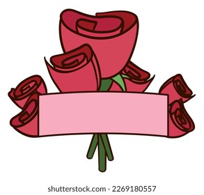 Pink ribbon template decorated with fuchsia roses and stems in flat colors and outlines.