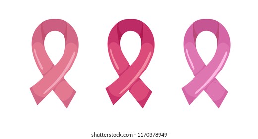 Pink ribbon of three different shades of pink. Symbol of October Breast cancer awareness month, cartoon style. Vector illustration isolated on white