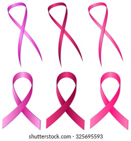 Pink ribbon in two different versions and three tints of pink isolated on white. National Breast Cancer Awareness Month. Vector illustration