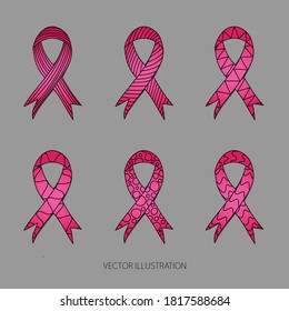 Pink ribbon vector with different pattern set. awareness month. Breast Cancer Awareness Month October.