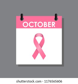 Pink Ribbon Vector Illustration With Calendar For October Month Breast Cancer Awareness.