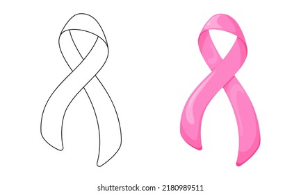 Pink Ribbon vector illustration set isolated on white background in line art flat color cartoon style.