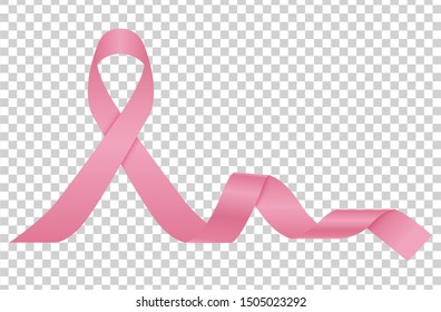 Pink ribbon. Woman breast cancer awareness realistic symbol. Vector silk pink ribbon isolated on transparent background