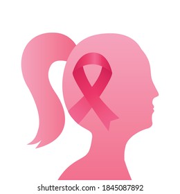 pink ribbon in woman figure breast cancer silhouette style icon vector illustration design